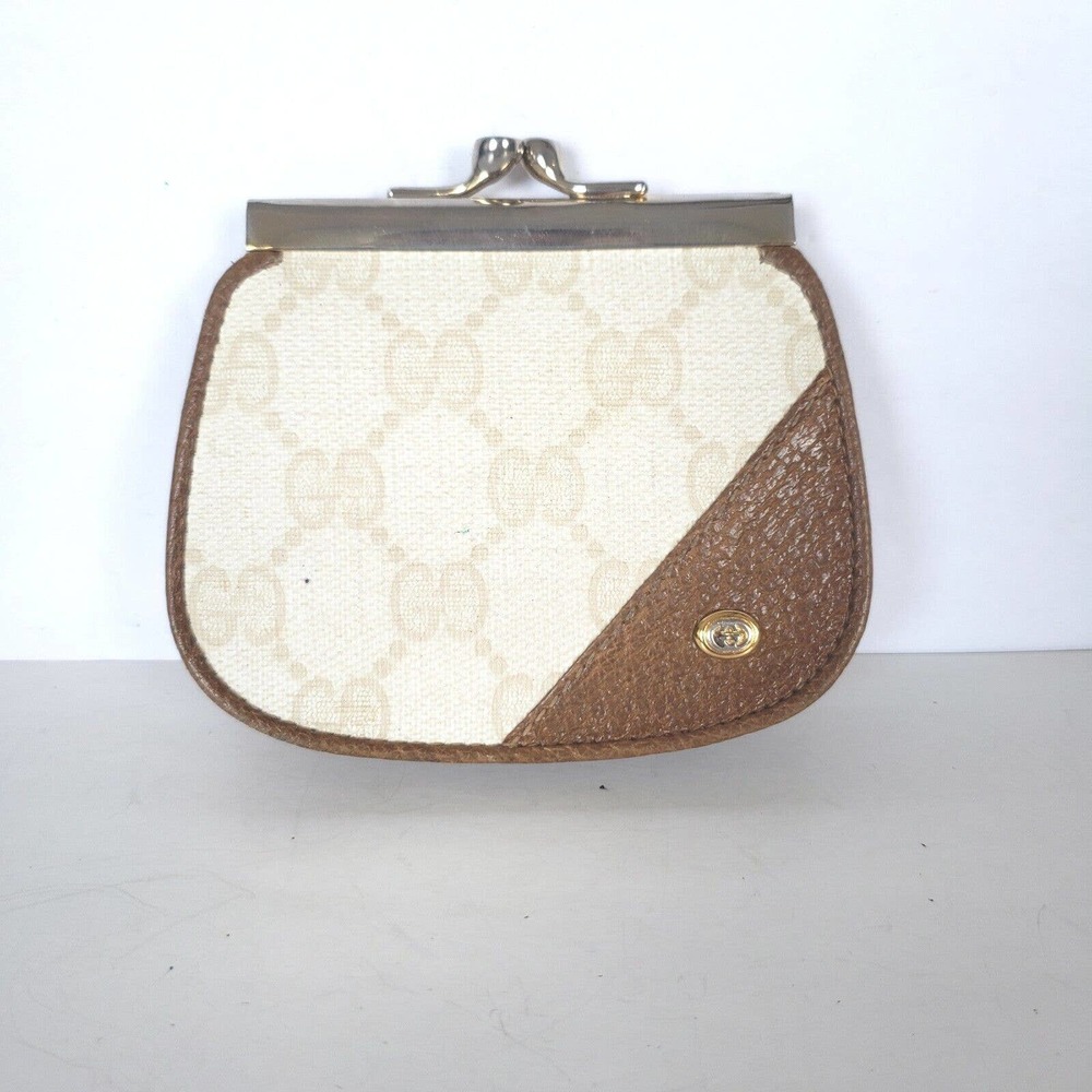 GUCCI GG Vintage Leather Wallet Mini Small Kisslock Brown Coin Purse 4x3 Logo